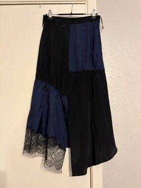Tibi Black & Navy Asymmetrical Patchwork Midi Skirt with Lace Trim